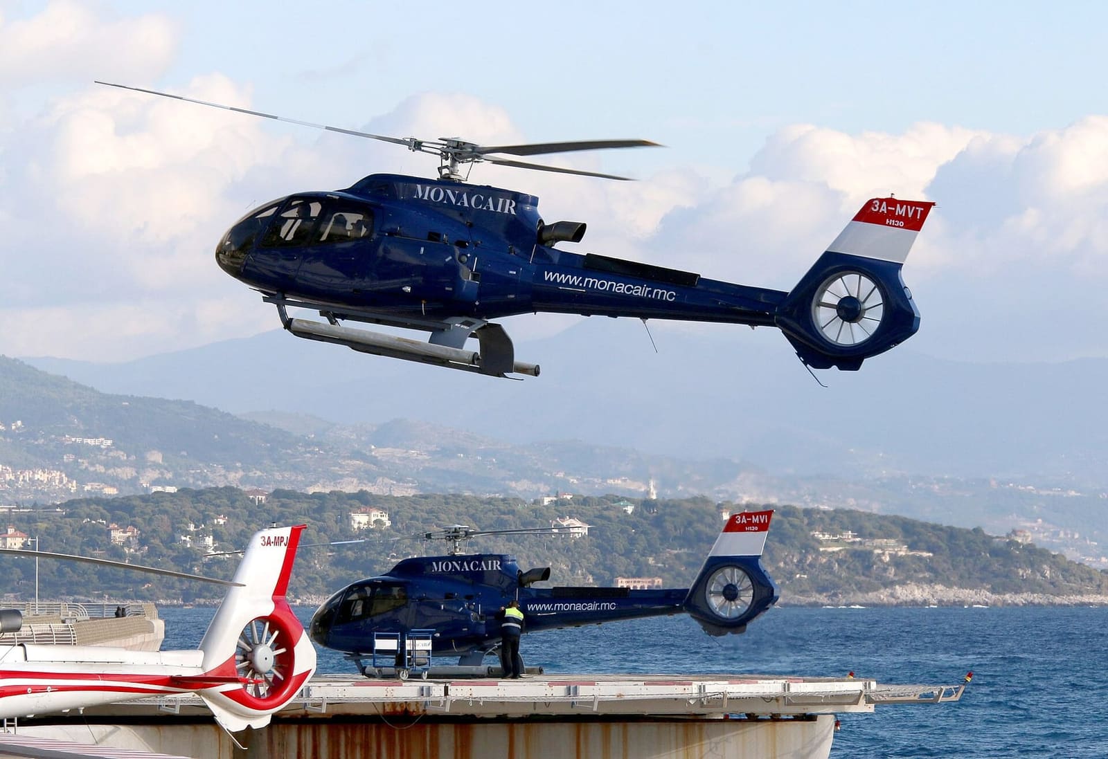 Two Airbus H130 helicopters, the type Maverick flies on Maui