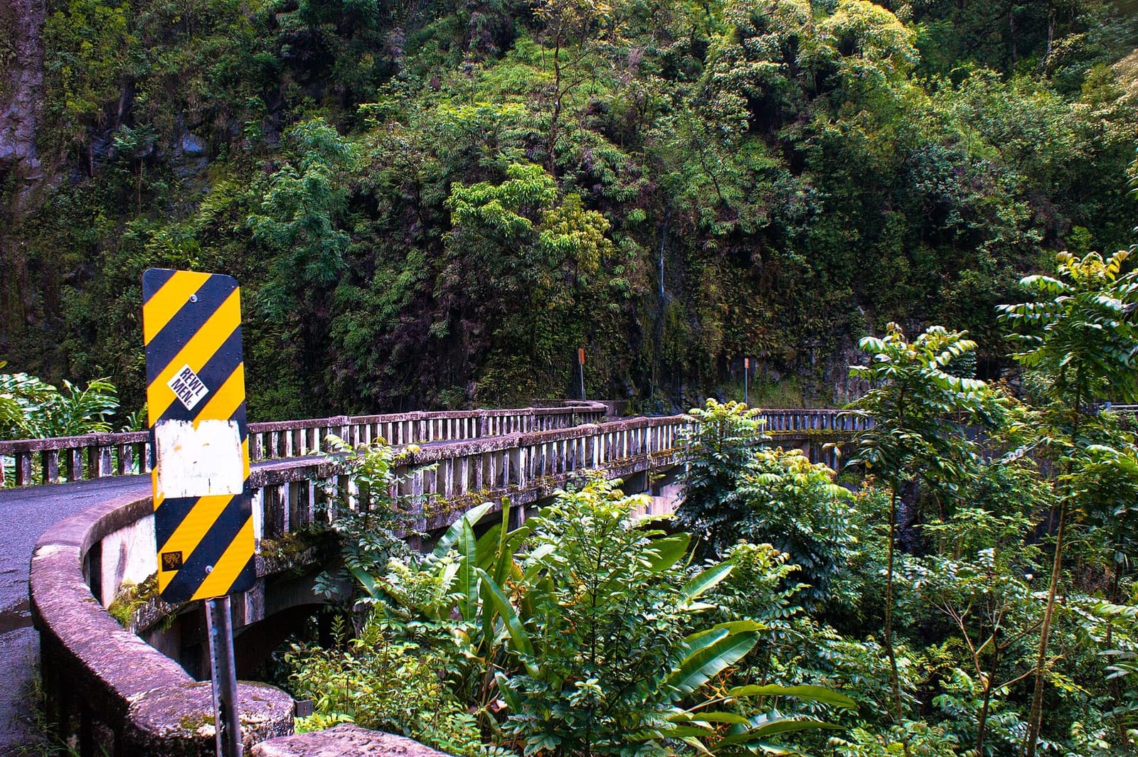 A one-lane bridge on the Hāna Highway; the van day and the flight show the same coast at different speeds